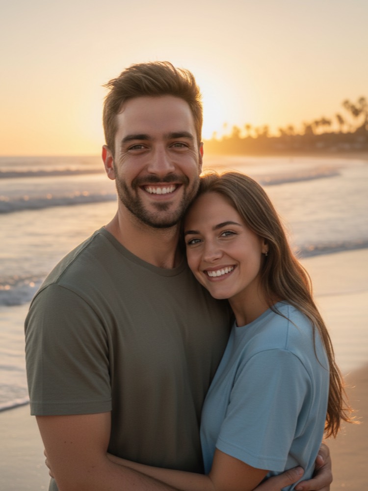 AI Love Story result - two separate photos merged into one realistic sunset beach photo, each person keeping their own face