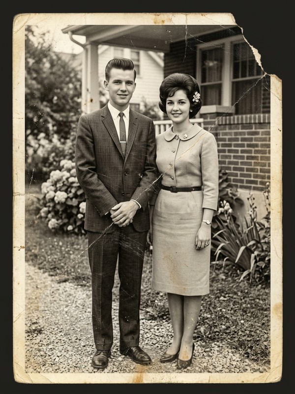 Before color - an old black-and-white, faded vintage photo used as the base for AI colorization
